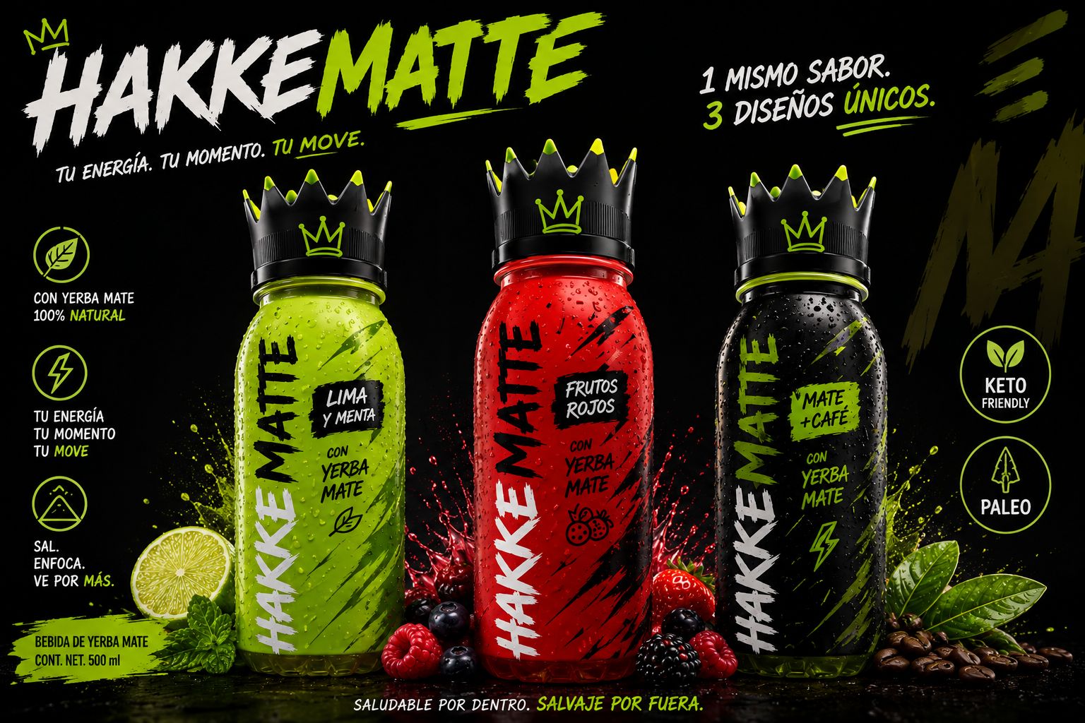 Botellas HakkeMatte: Lima y Menta, Frutos Rojos, Mate y Café, 500 ml